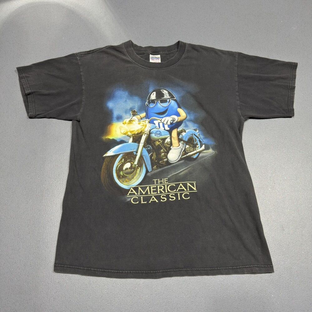 Vintage M&M Shirt Mens Large Black Blue Character Motorcycle American Classic